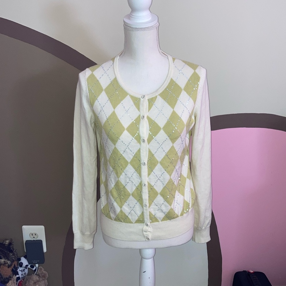 Talbots Cream and Green Cardigan with Argyle Pattern